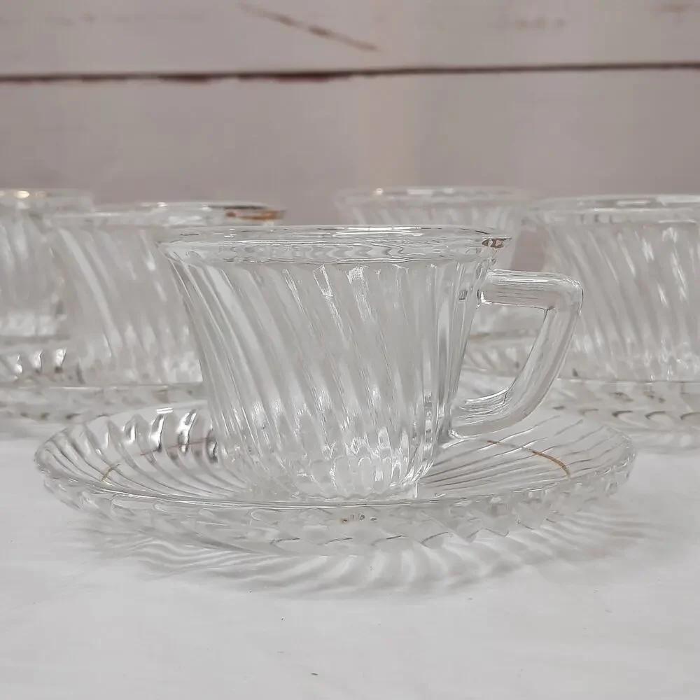 6 FEDERAL GLASS Clear Diana Pattern Swirl Demitasse Cup & Saucer Sets Depression